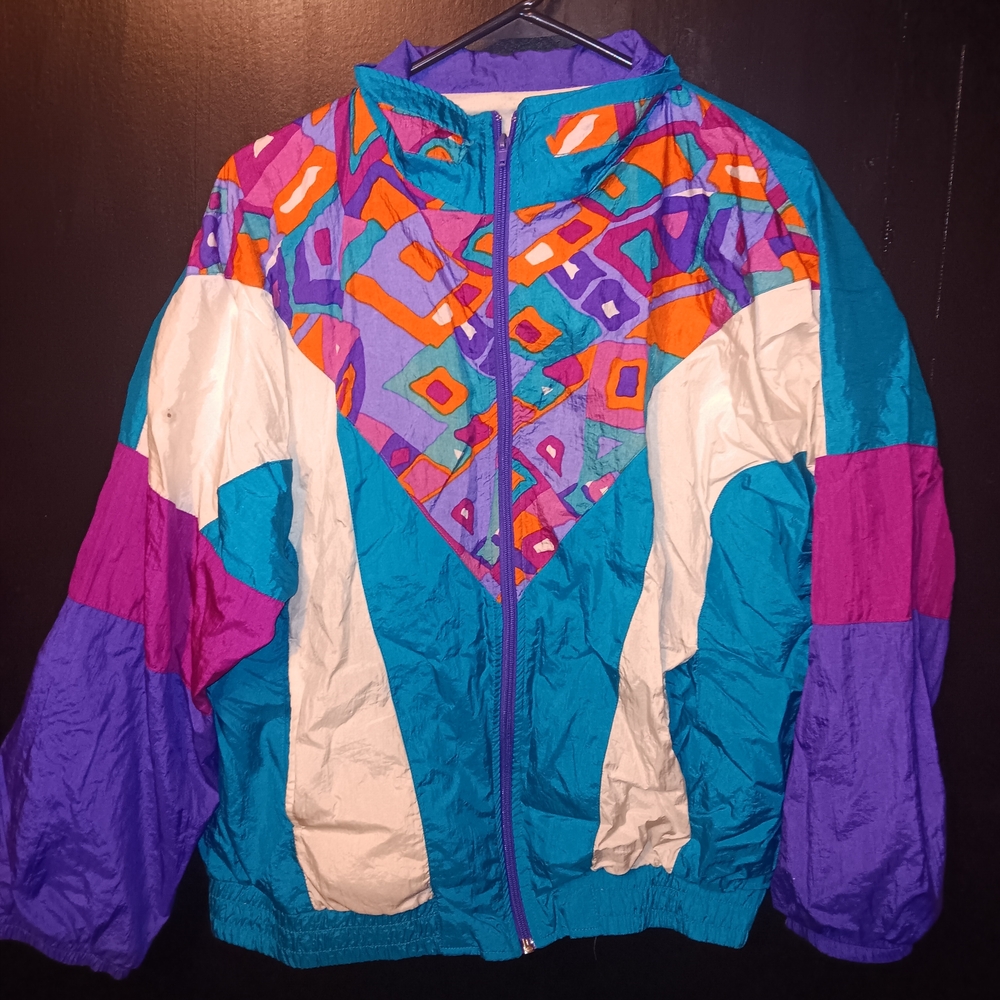 Laura Katherine 80s Vintage Geometric Windbreaker Jacket - Teal, Purple, Orange